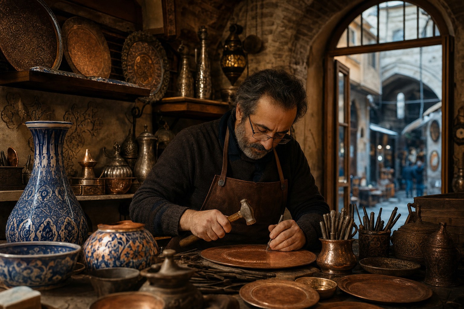 İstanbul Zanaat atölyesinde usta çalışırken